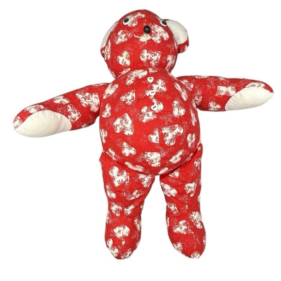 VINTAGE HANDMADE TEDDY BEAR RED WHITE HEART PRINT VALENTINE LOVEY COLLECTIBLE - Picture 9 of 10